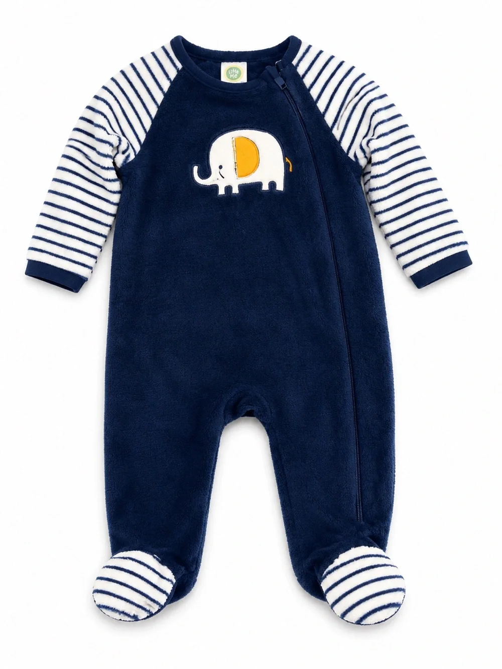 NWT Little Me Navy Footed One-Piece with Striped Sleeves and Elephant Applique